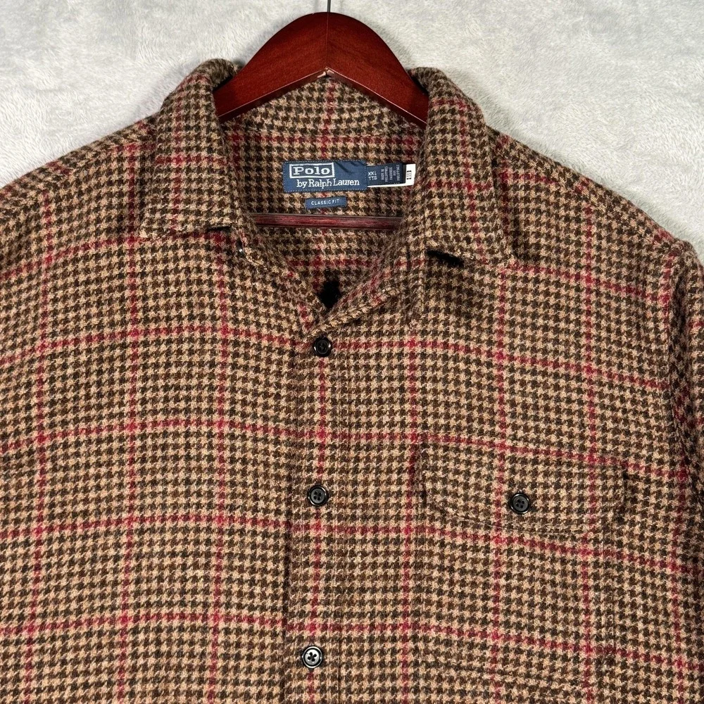 Ralph‎ Lauren Shirt Mens 2XL Brown Wool Check Suede Elbow Overshirt Houndstooth